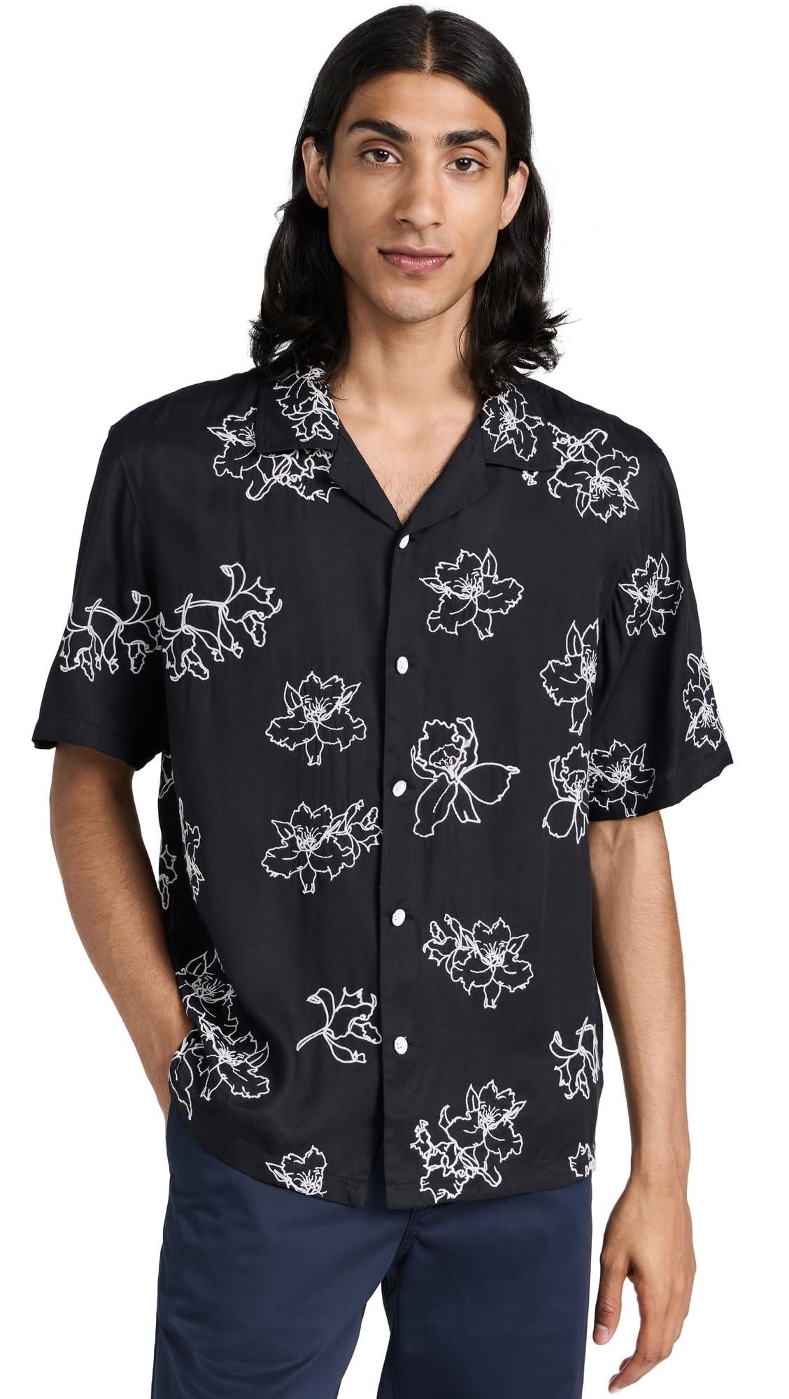 Rag & Bone Men's Avery Resort Embroidered Shirt, Blk, Black, Floral
